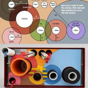Ezy Multi Service Transition Box: service separation diagram with clearances in millimetres, and a unit with water, gas, sprinkler, electrical and communications services fitted through one fire rated penetration
